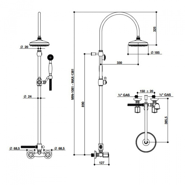 Bongio Fleur Blanc Душевая стойка с верхней лейкой D-185 мм и ручным душем на держателе,хром/белый