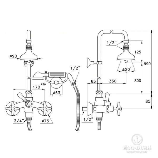 Stella Italica Душевой комплект 3284/33-90: смеситель, штанга+ручной+верхний душ 90мм, цвет: хром