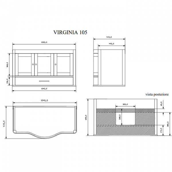 EBAN Virginia Комплект мебели: база под раковину, с раковиной и зеркалом, 103см , Цвет: Noce