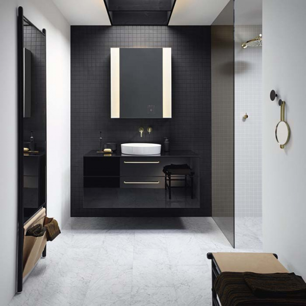 Burgbad Sys30 Комплект мебели №2, тумба с раковиной 120х54х48см., 2 ящика, ручки латунь, с зеркальным шкафом, зеркало напольное, скамья, цвет: черный глянцевый