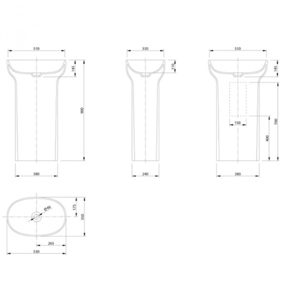 KNIEF Prime Раковина 53х35х90 см, без отв., с выходом в стену, цвет: белый матовый
