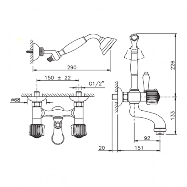 Nicolazzi Onice Смеситель для ванны настенный с душем duplex, цвет: хром