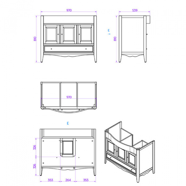 TW Veronica, База с раковиной Simas AR874bi*1 105*56см, с 1отв., 3 расп. дв. и 1ящик, доводч. Blum, ручки: Riflesso бронза, цвет: VINTAGE
