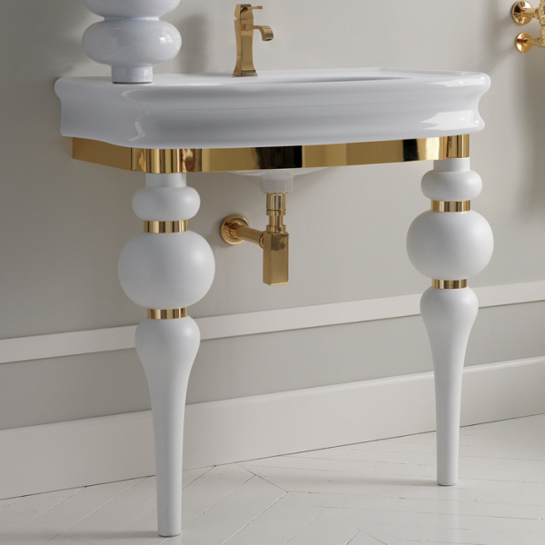3SC VIA VENETO Консоль с раковиной LANTE 90 см,цвет белый глянец, в комплекте с сифоном, цвет консоли белый матовый/золото 24к.