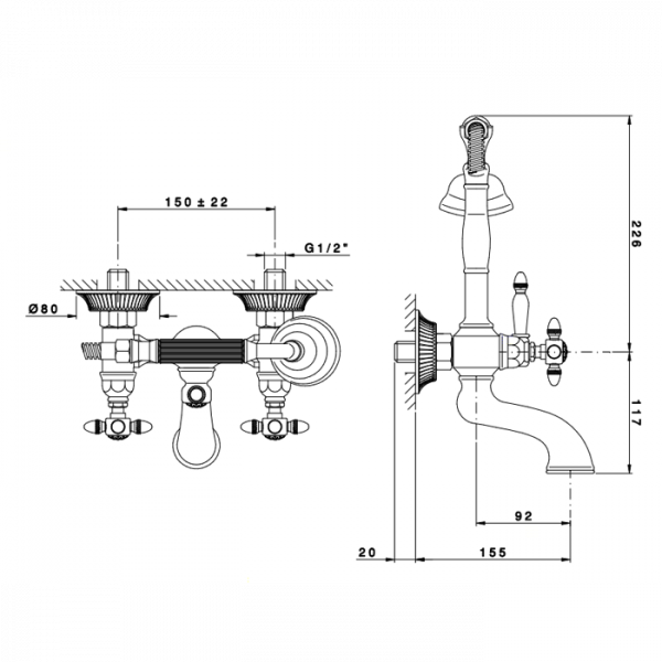 Nicolazzi Impero Смеситель для ванны с душем настенный, на 2 отверстия, излив: 155 мм, цвет: хром