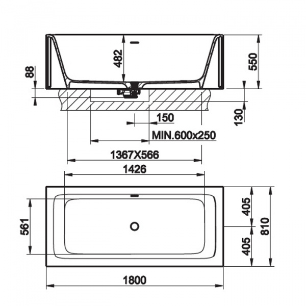 Gessi Rettangolo Ванна отдельностоящая 180х81x55см, цвет: матовый белый