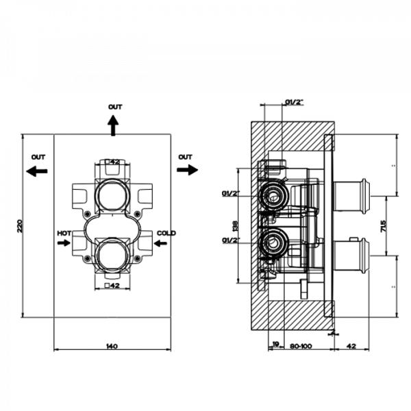 Gessi Eleganza Встраиваемый термостатический смеситель, подключение на 3/4”, с переключателем на 3 выхода и фильтрами, внешняя часть, цвет: хром