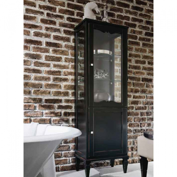 Cerasa York Колонна  на ножках  с 1 стекл. дверка и 1 дерев дверк.50,1х32,5 хH159,10 см, 3 стекл полки, 1 дерев полка, петли справа, цвет: Nero aget effect