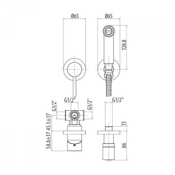 Gattoni Набор гигиен. душ: смеситель встроенный, гигиенич. душевая лейка , выпуск из стены-держатель душа, шланг 150см, цвет: Bianco Opaco