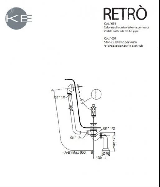 Kerasan Retro Ванна new отдельностоящая, 170х77/66см, глубина ванны 44,5см