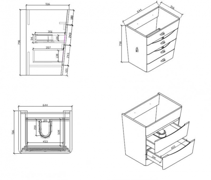 База под раковину напольная с двумя выкатными ящиками, с доводчиками, 650x520x800 PIRAMID-650-2C-PIA-BL