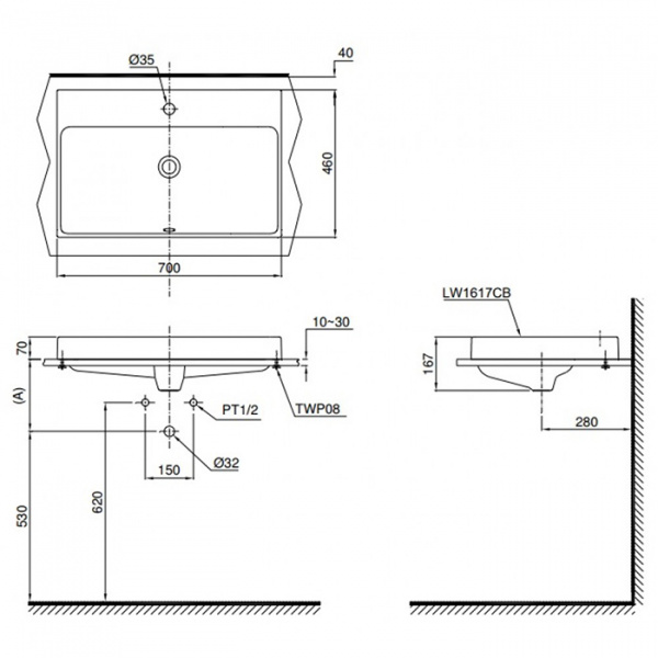 TOTO MH Раковина 70x46x16.7 см, 1 отв., полувстраеваемая, CeFiONtect, цвет: белый