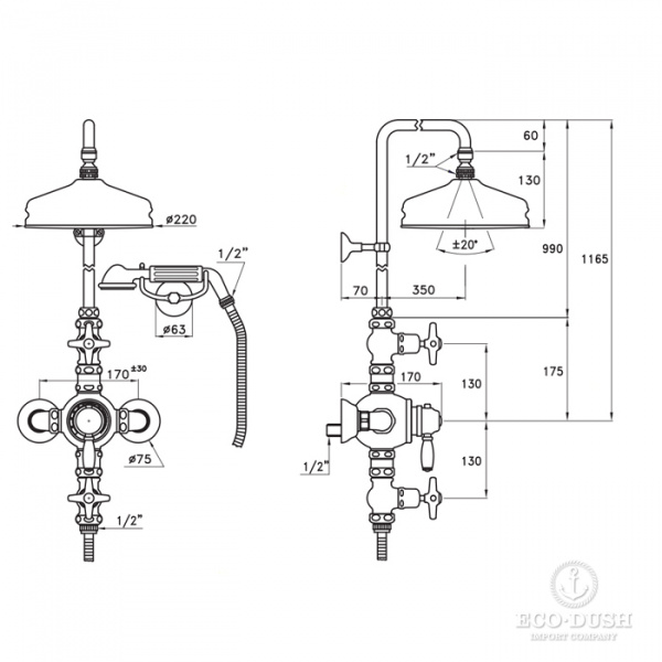 Stella Italica Душевой комплект IS3284/33-220: термостатический смеситель, штанга+ручной+верхний душ 220мм, цвет: хром