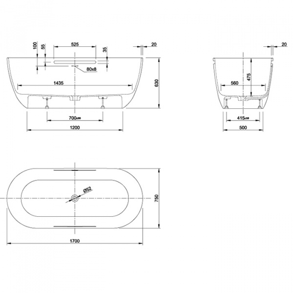 KNIEF Lotus Ванна отдельностоящая из материала Stone 170х75х63 см, с переливом и выпуском Click-Clack хром, с ручками