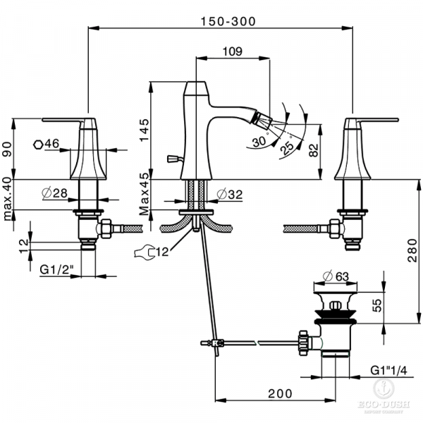 CISAL Cherie Смеситель для биде на 3 отверстия, с донным клапаном, цвет: розовое золото/черный