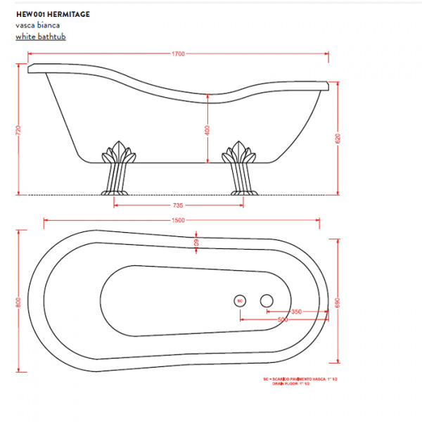 Artceram HERMITAGE Ванна 170x80х72см.. на лапах, со слив-переливом и сифоном в компл. цвет: белый/золото