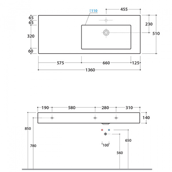 Globo Incantho Консоль 136х51см, с раковиной без отв под смеситель, чаша справа, с намеченным отверстием, цвет: белый