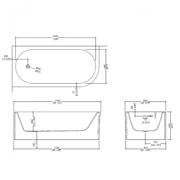 Devon&Devon Wave Sx Ванна из минерального литья пристенная, 176.5х82.5хh56см