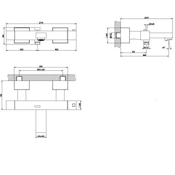 Gessi Rettangolo Термостатический смеситель для ванны с автоматическим переключателем ванна/душ, цвет: хром