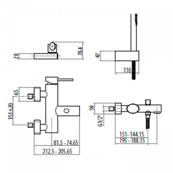Gattoni Logos Смеситель для ванны с ручной лейкой, излив 195мм, хром