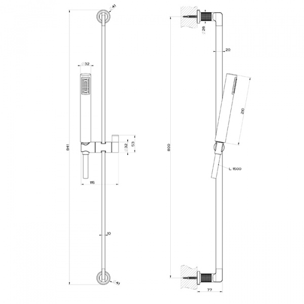 Gessi Inciso Shower Штанга в комплекте с душевой лейкой с защитой отизвесткового налёта, шланг 1,50 м, цвет: black XL