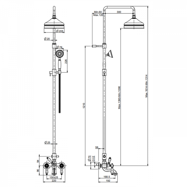 Carlo Frattini Herend Душевая стойка для ванны, в комплекте: смеситель, стойка, шланг 1500мм., ручной душ, верхний душ, цвет: бронза