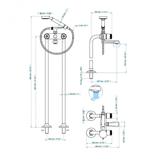 THG CORVAIR Смеситель для ванны напольный, с ручным душем и шлангом 1500 мм., цвет: хром
