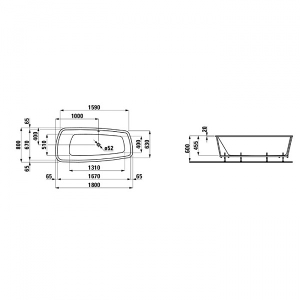 Laufen Palomba Ванна 180x80x45.5м, встраиваемая, ассиметричная, без слив-перелива, борт 20мм, с каркасом, материал: акрил