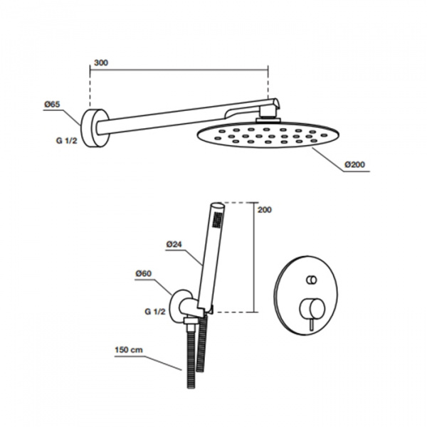 Kerasan Nolita Душевой комплект: смеситель с переключателем, ручная лейка, держатель и верхний душ диаметром 200мм, цвет: черный матовый