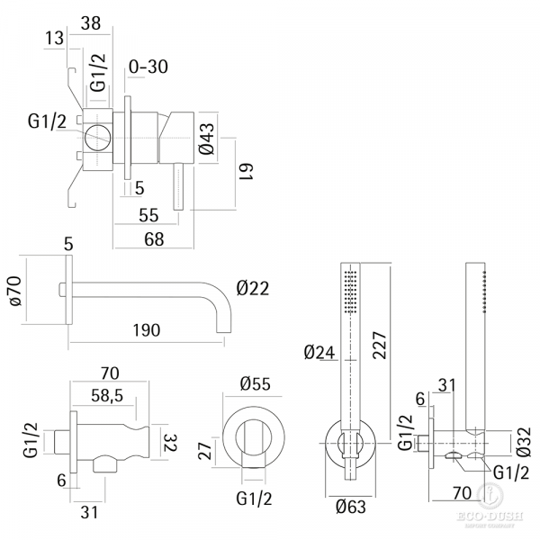 HUBER Lynox Смеситель для ванны на 4 отверстия из стены, нержавеющая сталь