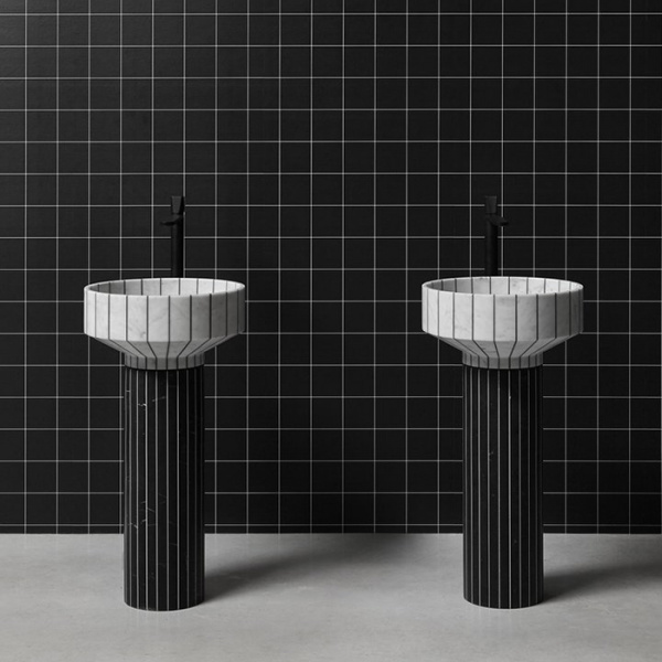 Antonio Lupi 024 Раковина 45х85 см, без отв., напольная, слив в пол, с сифоном, гибким шлангом и донным клапаном, пьедестал Nero Marquinia, цвет: Carrara