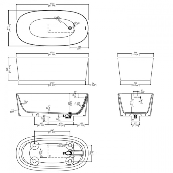Devon&Devon Dove Ванна отдельностоящая 170,5х52,8х84,6 см, из WHITE TEC PLUS, с донным клапаном с крышкой из WHITE TEC