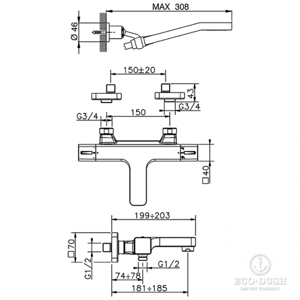 CISAL Cherie Смеситель термостатический настенный для ванны/душа с ручной лейкой,держателем и шлангом, цвет: хром