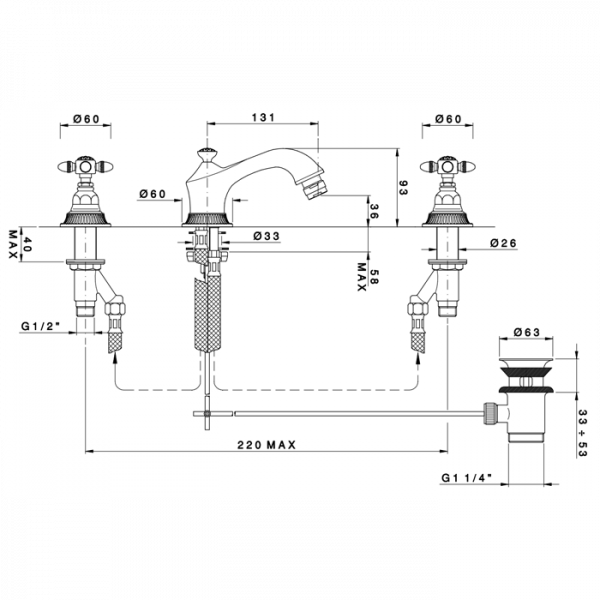 Nicolazzi Impero Смеситель для биде на 3 отверствия  с донным клапаном, излив: 131 мм, цвет: хром
