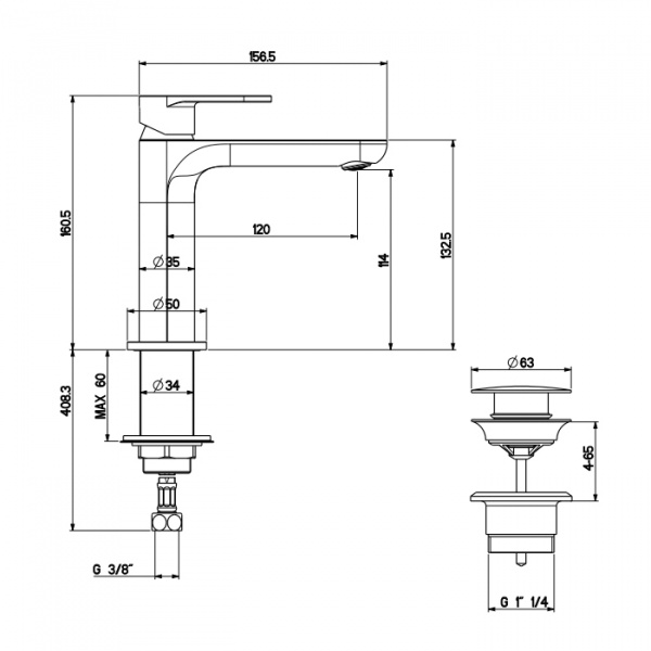 Gattoni H2Omix7000 Смеситель для раковины, на 1 отв., с донным клапаном, излив 120 мм, цвет: черный матовый
