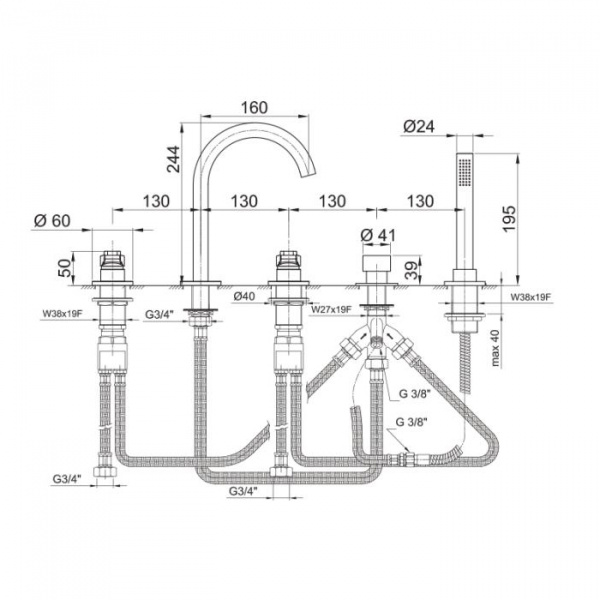 Fantini AL/23 Смеситель для ванны, набортный, 5 отв., излив: 160 мм, цвет: хром