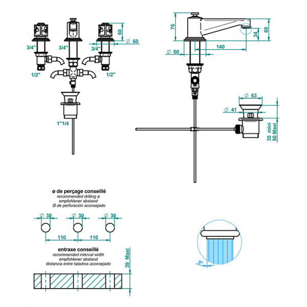 THG CAPUCINE VERT DECOR PLATINE Смеситель для раковины на 3 отверстия, с донным клапаном, декор платина/зеленый, цвет: хром