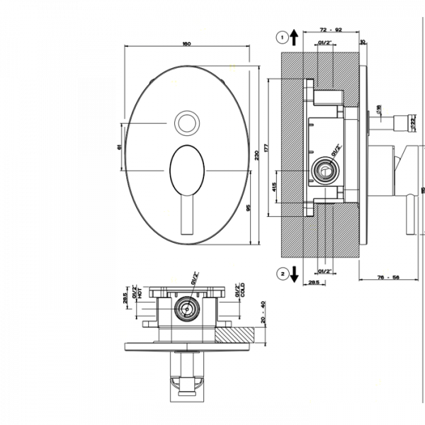 Gessi Ovale Встраиваемый однорычажный смеситель с переключателем на 2 выхода, внешняя часть, цвет: хром