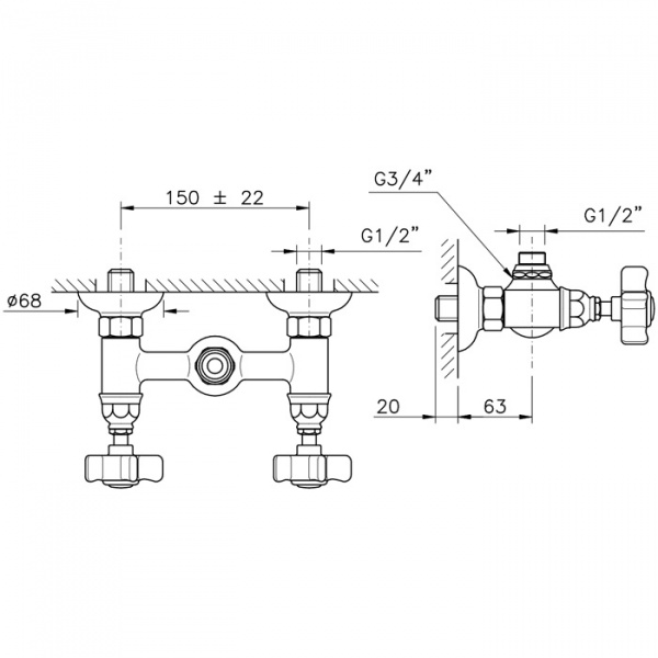 Nicolazzi Cristallo Liberty Смеситель для душа на 2 отверстия, вывод сверху 1/2&quot (без шланга и лейки), ручки swarovski, цвет: золото