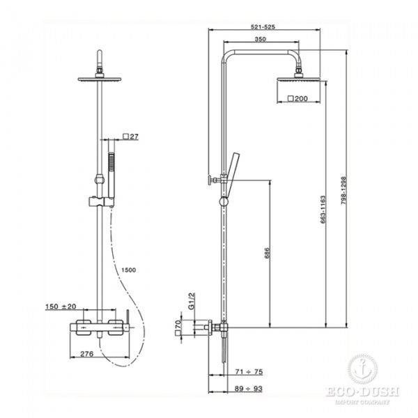 Cisal Roadster Настенная душевая система:смеситель для душа,верхний душ 200х200мм, ручной душ с держателем и шлангом, цвет: хром