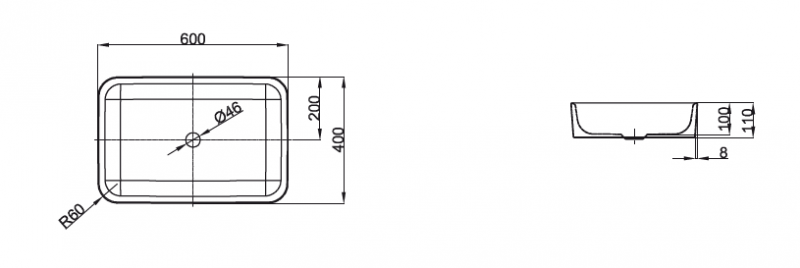 Bette Art Раковина 60х40х11 см, без отв., цвет: белый