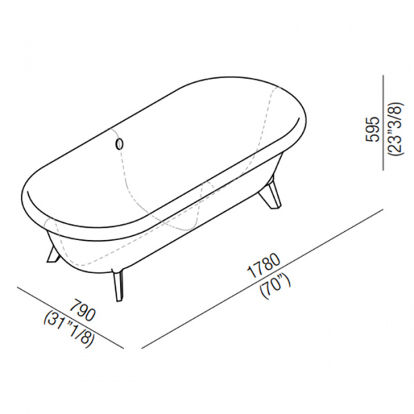 Agape Ottocento Ванна отдельностоящая 178х79х59.5 см, слив-перелив нержавеющая сталь