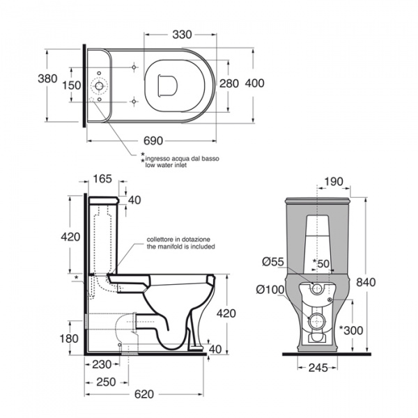 AZZURRA CHARME унитаз моноблок 68х40см, слив универсальный,с бачком СИДЕНИЕ НА ВЫБОР, фурнитура золото