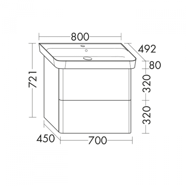 Burgbad Iveo База подвесная с керамическим умывальником с 1 отв под смес. 80х49.2х72.1см.2 выдв ящика, сифон в компл. F2835, цвет: дуб меринос