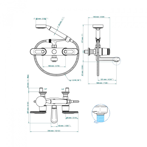 THG CORVAIR A MANETTES FIOR DI BOSCO Смеситель для ванны настенный, с ручным душем и шлангом 1500 мм., цвет: хром