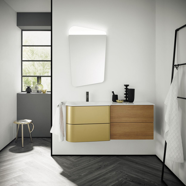 BurgBad Badu База подвесная с умыв. из минер литья 122х51х49.2см, с 1 отв под смеситель.  столешница,2 ящика, спец сифон, фасад T0015 золото, F3698 корица, умывальник слева, цвет: корица