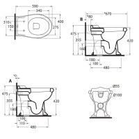 AZZURRA JUBILAEUM унитаз напольный 59х40см, слив в стену, с бачком трубой и механизмом цвет хром