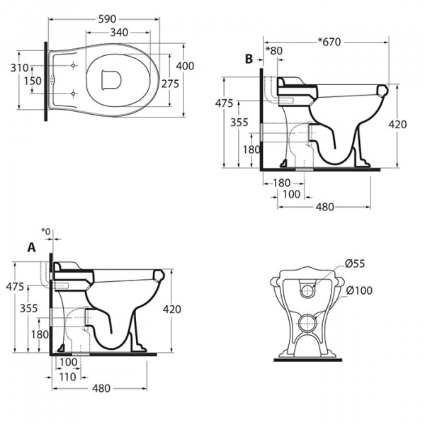AZZURRA JUBILAEUM  унитаз напольный 59х40см., слив в стену, цвет: белый/золото