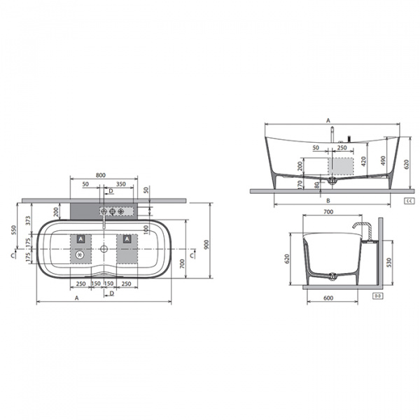 Novellini Ship Ванна отдельностоящая 150х70х62см., с донным клапаном click-clack, novotech
