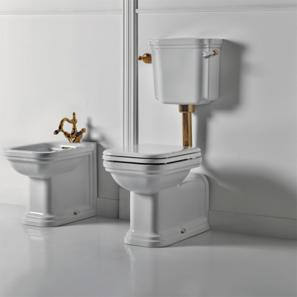 Kerasan Waldorf Унитаз напольный удлиненный 65х37см c низким бачком, трубой, ручкой смыва справа, фурнитура бронза, СИДЕНЬЕ НА ВЫБОР